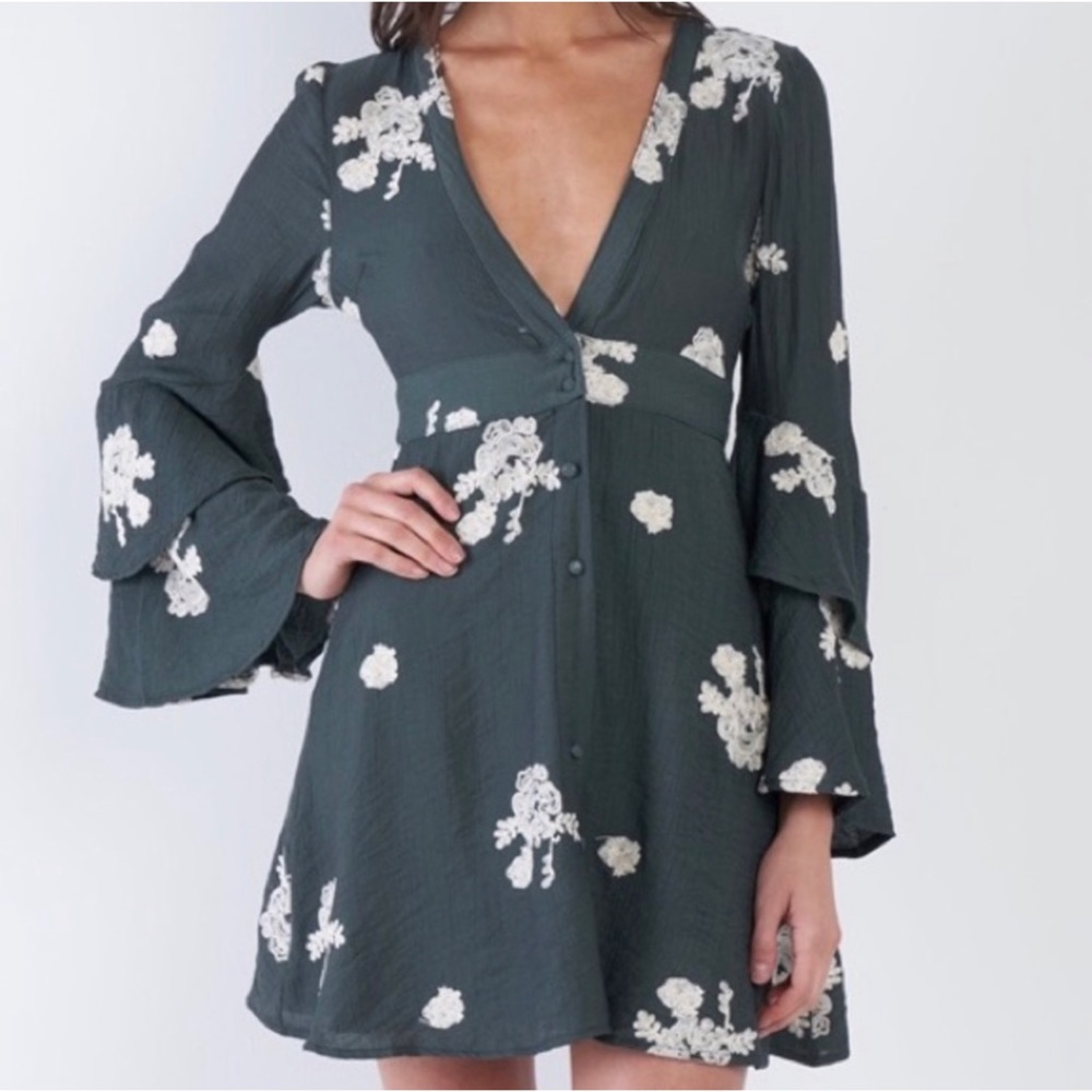 1 LEFT! Women’s Adorable Deep Teal Trumpet Sleeve Embroidered Fall Dress - Picture 3 of 3